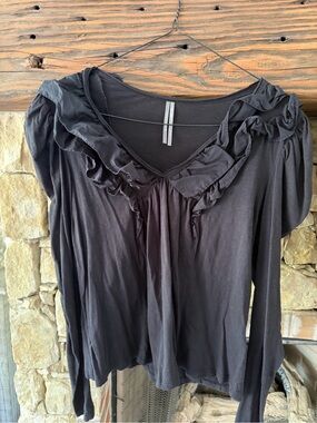 Anthropologie Black Ruffle V-Neck Long-Sleeve Top